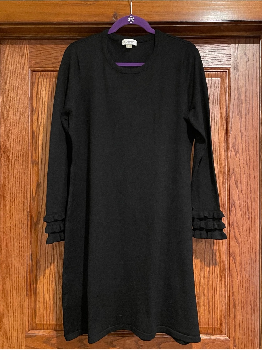Calvin Klein Classic”Little Black Dress”Knit/Sweater Shift/Dress Sz L Ruffle EUC